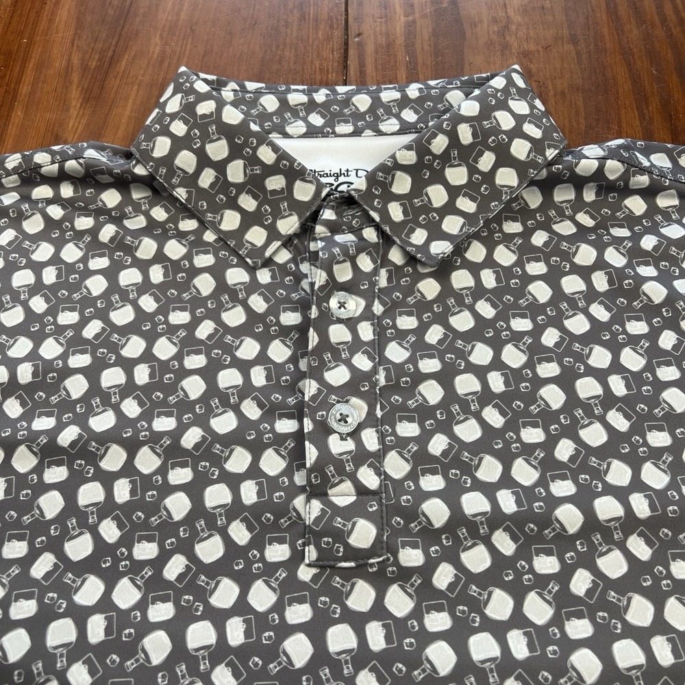 Straight Down Performance Golf Polo‎ Shirt Men's Large Gray Bourbon Bottle Print - Picture 3 of 12